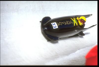 The Jamaican bobsleigh team competing at the 1988 WInter Olympics in Calgary, Canada. Getty Images