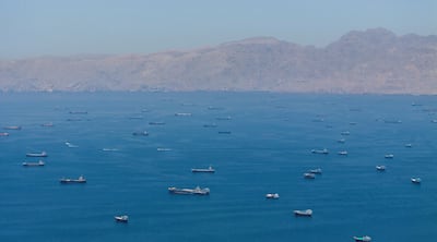 Vessels anchored in the Strait of Hormuz, with nowhere to go. Reuters