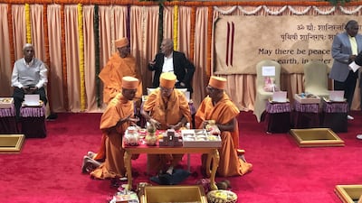 The shilanyas vidhi of the first traditional Hindu temple in the UAE is performed in the holy presence of His Holiness Mahant Swami Maharaj, the spiritual leader of BAPS Swaminarayan Sanstha.