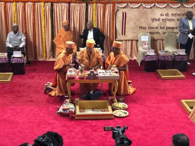 The foundation ceremony of the first traditional Hindu temple in the UAE is performed in the holy presence of His Holiness Mahant Swami Maharaj, the spiritual leader of BAPS Swaminarayan Sanstha.