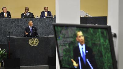 Most of Barack Obama's speech at the United Nations General Assembly in New York was devoted to the Middle East. Timothy Clark / AFP