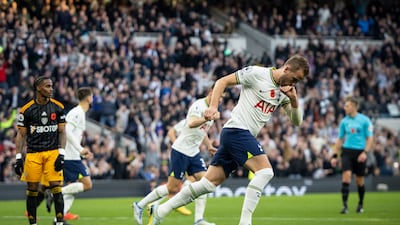 Tottenham's Harry Kane celebrates after levelling at 1-1. EPA