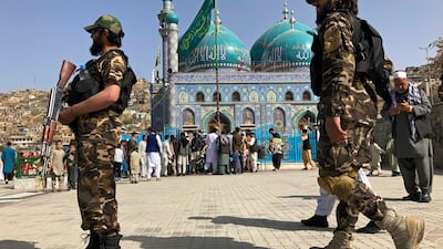 Taliban soldiers on patrol in Kabul, Afghanistan. AP