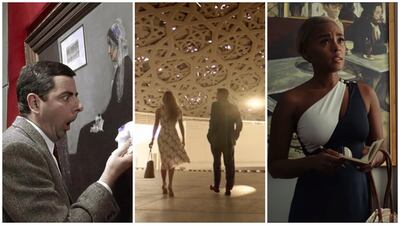 From left, Bean; The Misfits; and Glass Onion: A Knives Out Mystery are some of the big-screen moments Louvre Abu Dhabi and its artworks have had. Photos: Working Title; Highland Film Group; Netflix