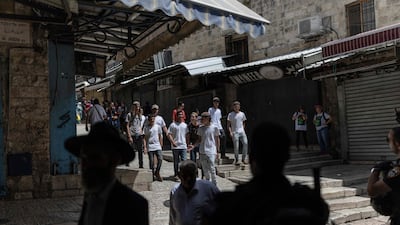 Israeli settlers in Jerusalem's Old City before the parade. AFP