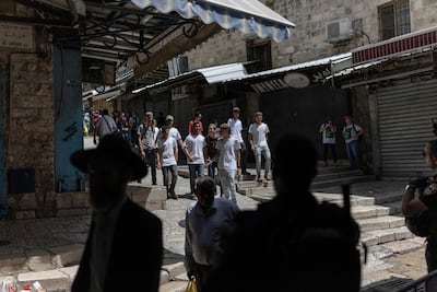 Israeli settlers in Jerusalem's Old City before the parade. AFP