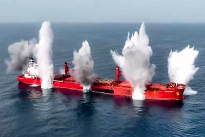 A video broadcast by Houthi TV shows a ship attacked by the Yemeni rebel group sinking in the Red Sea. AFP