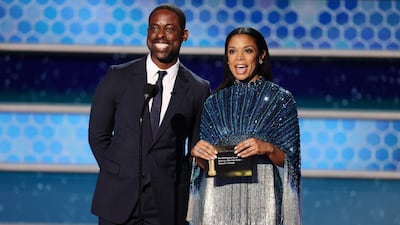 Sterling K Brown and Susan Kelechi Watson onstage during the 78th annual Golden Globe Awards ceremony in Beverly Hills, California on February 28, 2021. AFP