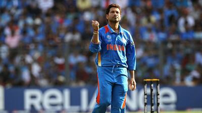 Sachin Tendulkar returns to the top of his mark during the 2011 ICC World Cup Final. Getty Images