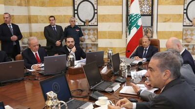 Lebanese president Michel Aoun and prime minister Saad Hariri attending a cabinet meeting at the presidential palace of Baabda, east of Beirut, on June 14, 2017. Lebanon's government announced the new election law after a cabinet session, ending months of tense discussions and paving the way for the first parliamentary elections in nine years. Dalati and Nohra/AFP