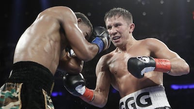 Gennady Golovkin, of Kazakhstan, right, punches Daniel Jacobs during the 11th round of a middleweight boxing match early Sunday, March 19, 2017, in New York. Golovkin won the fight. Frank Franklin II / AP Photo