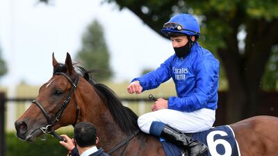 William Buick celebrates on board Ghaiyyath after winning the Hurworth Bloodstock Coronation Cup Stakes at Newmarket Racecourse. Getty Images