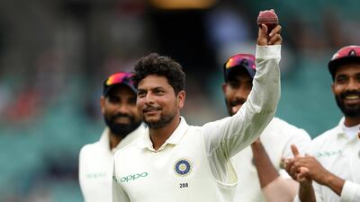 India's Kuldeep Yadav celebrates taking five wickets against Australia in Sydney. AAP
