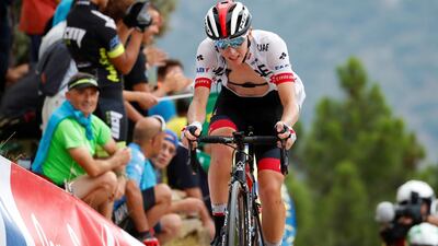 Tadej Pogacar riding furing the seventh stage of the Vuelta a Espana. BettiniPhoto