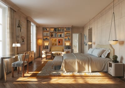 A computer-generated image of a master bedroom at the Maybourne Saint-Germain, designed by Laura Gonzalez. Photo: Maybourne