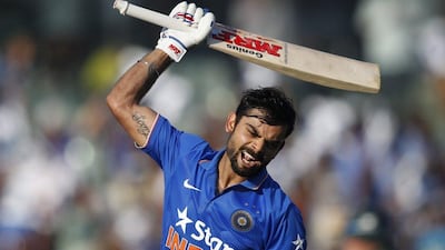 India’s Virat Kohli, celebrates his century during the fourth ODI against South Africa. Arun Sankar K / AP Photo