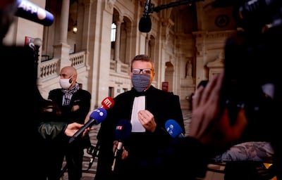 French lawyer Thibault de Montbrial, who is representing US soldiers who foiled a terror attack on an Amsterdam-Paris train in 2015, speaks at at The Paris Courthouse AFP
