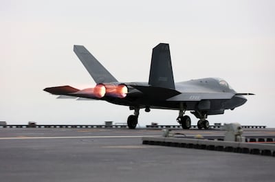 The J-35 during an electromagnetic catapult-assisted take-off on China's aircraft carrier Fujian. AFP