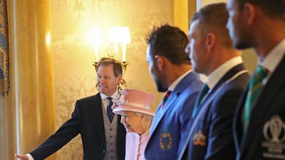 The Queen arrives at the event at Buckingham Palace. Getty