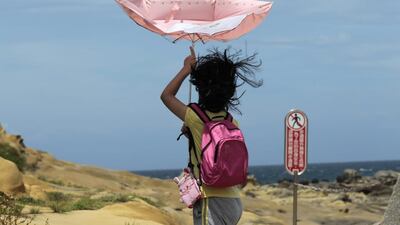 A girl struggles with winds from approaching Typhoon Matmo along the eastern coast of Keelung, northeastern Taiwan. The eye of Typhoon Matmo is expected to make landfall in eastern Taiwan early Wednesday bringing heavy rain and winds with gusts over 130 kilometres (85 miles) per hour. Wally Santana / AP