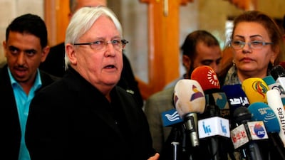 The UN Special Envoy to Yemen Martin Griffiths speaks to the press in Sanaa soon after taking up his post in March 2018. AFP