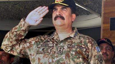 Former Pakistani army chief General Raheel Sharif salutes during a military exercise in Khairpur Tamiwali, Pakistan, on November 16, 2016. Muhammad Yousuf / AP Photo