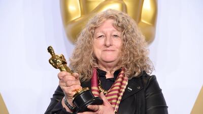 Jenny Beavan celebrates her Oscar for Best Costume Design, Mad Max: Fury Road, in the press room during the 88th Oscars in Hollywood. Frederic J Brown / AFP photo