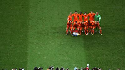 The Netherlands pose for a team phot prior to their 2014 World Cup quarter-final match against Costa Rica on Saturday in Salvador, Brazil. Laurence Griffiths / Getty Images