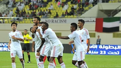The UAE Under 23 football team celebrate scoring a goal during their 2016 Asian Under 23 Championship qualifier against Tajikistan at the Kalba stadium in Fujairah on March 29, 2015. Courtesy UAE FA