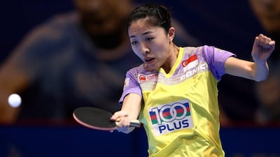 Yu Mengyu of Singapore in action against Li Xiaoxia of China during Day 1 of the 2016 Table Tennis Asian Cup at Dubai World Trade Centre on April 28, 2016 in Dubai. (Photo by Warren Little/Getty Images)