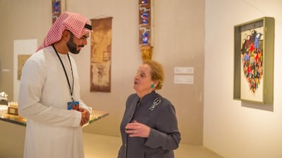 HE Saif Saeed Ghobash, Director General of Abu Dhabi Tourism & Culture Authority takes Dr. Madeleine K. Albright, Former US Secretary of State through the Guggeinheim Abu Dhabi's The Creative Act: Performance, Process, Presence exhibition at Manarat Al Sadiyaat. Courtesy TCA