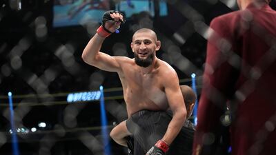 Khamzat Chimaev celebrates after defeating Kevin Holland at UFC 279. AP