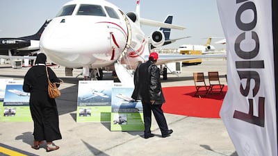 Dassault Aviation’s latest model the Falcon 7X, a large-cabin, long-range aircraft that is capable of flying 11,000 kilometers at a stretch, and can take in gateway cities such as London, Cape Town and Marrakech. Lee Hoagland / The National