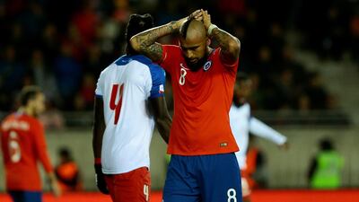 Arturo Vidal of Chile reacts during the friendly match against Haiti at La Portada Stadium in La Serena, Chile, on June 6, 2019, ahead of the upcoming 2019 Copa America in Brazil. EPA.