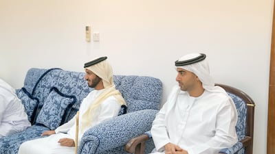 Sheikh Hamdan bin Mohammed (R) and Sheikh Zayed bin Hamad (L), accompany Sheikh Mohammed bin Zayed on a to his former teacher's home. Mohammed Al Hammadi / Crown Prince Court - Abu Dhabi