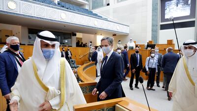 US Secretary of State Antony Blinken is invited to sit in the prime minister’s seat as he tours the National Assembly with Parliamentary Speaker Marzouq Al Ghanim in Kuwait City.