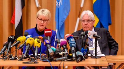 Swedish foreign minister Margot Wallstrom, left, and UN special envoy to Yemen Martin Griffiths attend the opening press conference of the Yemeni peace talks at Johannesberg castle in Rimbo, Sweden. AFP Photo