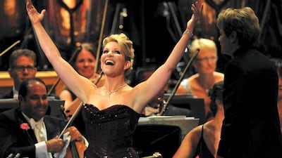 US mezzo-soprano Joyce DiDonato performs at the Royal Albert Hall in west London on September 7, 2013 during the Last Night of the Proms. She will perform in Abu Dhabi in January. Pohto / AFP