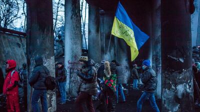 Protesters gather on Hrushevskoho Street near Dynamo stadium. Brendan Hoffman / Getty Images