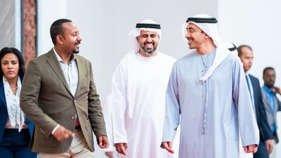 Sheikh Abdullah bin Zayed, Minister of Foreign Affairs and International Cooperation and Sheikh Theyab bin Mohamed, receive Prime Minister of Ethiopia, Abiy Ahmed, and his accompanying delegation at the Presidential Flight airport in Abu Dhabi on February 13. MOFAIC / Wam