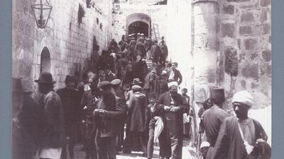 Steps leading to the Holy Sepulchre in Jerusalem, circa 1898-1914. Copyright Hisham Khatib