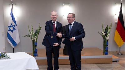 Defence ministers Yoav Gallant of Israel and Boris Pistorius of Germany signed the Arrow 3 deal in Berlin. Getty Images