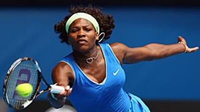 Serena Williams plays a forehand during her straightforward victory over China's Shuai Peng.