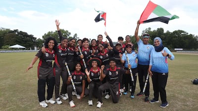 Some of the UAE players took souvenir stumps to celebrate their title win in Kuala Lumpur. Photo: Malaysia Cricket Association