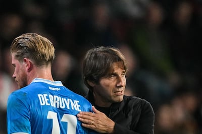 Napoli coach Antonio Conte with Kevin De Bruyne during the Champions League defeat to PSV Eindhoven. AFP