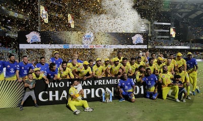 Chennai Super Kings enjoy the trophy celebrations, and plenty of support, after winning the 2018 Indian Premier League. Rafiq Maqbool / AP Photo