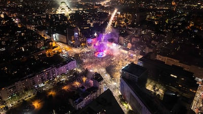 Supporters of the Students' List movement celebrate their victory in the Serbian parliamentary elections, in Belgrade. AFP