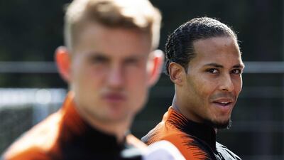 Netherlands defenders Matthijs de Ligt, left, and Virgil van Dijk attend a training session ahead of their Euro 2020 qualifier against Germany. EPA