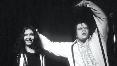 Jim Steinman and Meat Loaf on stage at the Tower Theatre in Philadelphia on April 6, 1978. Getty Images