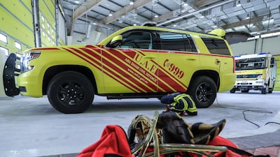 The fleet of fire trucks and vehicles in the garage of Saadiyat Civil Defence Station